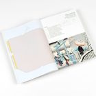 "Postcards and Gift Tags", Anleitungstext mit Illustrationen, daneben ein winterliches Gemälde mit Personen und Schirmen.