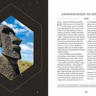"ERINNERUNGEN AN DIE ZUKUNFT 1968" links, Osterinsel-Statue in Hexagon, rechts Text über Erich von Dänikens Buch und Theorien.