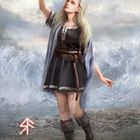 "Bube der Hörner" steht darunter. Junge Frau in Wikingerkleidung hebt ein Trinkhorn, vor stürmischem Himmel und Meer.