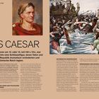 "Julius Caesar" und dessen Bedeutung in der römischen Geschichte. Links Portrait, rechts eine Kampfszene mit Römern.