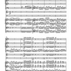 Notenblatt mit musikalischen Symbolen. Mehrere Systeme zeigen komplexe Partitur für Orchesterinstrumente in F-Dur.