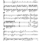 Musiknoten auf fünf Notensystemen mit Anweisungen wie "con slancio" und "sf". Ansammlung von Noten verschiedener Tonhöhen.