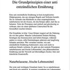"6 Die Grundprinzipien einer anti entzündlichen Ernährung. Naturbelassene, frische Lebensmittel." Text auf weißem Hintergrund.