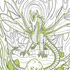 Eine grüne Drachenillustration mit großen Flügeln und Eiern im Vordergrund, von abstrakten Mustern umgeben.