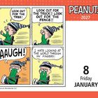 Der Comic zeigt einen Jungen im Rollstuhl, mit Texten: "LOOK OUT FOR THE TREE!", "LOOK OUT FOR THE TRUCK!!", "AAUGH!", "I HATE LOOKING AT THE WORLD THROUGH MY FINGERS!" Rechts ist das "Peanuts 2027" Logo und "Friday 8 January".