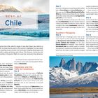 "BEST OF Chile" steht vor einem Hintergrund aus Bergen und einem Gletscher. Weitere Texte beschreiben reisebezogene Inhalte und Tagesabläufe. Unten ist ein Bild eines Bergmassivs mit See und Vögeln.