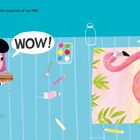 Text oben: "When I came back, I got the surprise of my life!"  
Ein Mädchen mit rosa Haaren sagt "WOW!" zu einem Flamingogemälde.