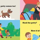 Ein Kind zieht freudig ein Töpfchen mit. Eine Frau gibt einem Mann ein Kind im Rollstuhl. Spielplatz mit Frau und Kinderwagen.