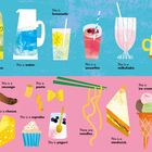 Texte beschreiben Getränke wie Orangensaft, Limonade, und Speisen wie Suppe, Eis. Farbenfrohe Illustration.