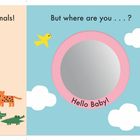 Texte: "You found all the baby animals!", "But where are you...?", "Hello Baby!". Links sind fünf Zahlen und Tiere. Rechts zeigt eine Sonne.