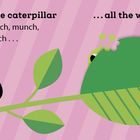 Illustration: Ein Marienkäfer auf einem Ast, gegenüber ein großer grüner Raupenkopf. Hintergrund rosa gestreift.