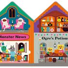 Texte: "Mm M is for MUMMIES. There's two sleeping here." "Oo O is for OWL, sharp-eared and keen-eyed." "Nn N is for NIGHTTIME, when werewolves appear." "Pp P is for PUMPKIN, lit up from inside." Zwei Häuser mit Mumien, einem Laden mit Tränken und einem mit Kürbissen.