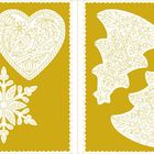 Illustration: Vier dekorative, weiße Formen auf goldfarbenem Hintergrund; Herz, Schneeflocke, Baum und Stern.