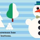 „This little snowman has round black buttons.“ Ein Schneemann mit Hut, Besen und Fliege, zwei Bäume und Schneebälle.