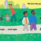 Texte: "Walking doggy... so fun!", "Up high... hold tight.", "We love the park.", "Ready, set, go!", "Faster, faster!". Illustration: Menschen im Park.