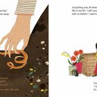 Links oben: "and a strange box with no bottom."  
Rechts: Kind sagt es mag die Box nicht.  
Linke Seite zeigt ein Kind mit Kompost.  
Rechts: Mutter und Kind neben Pflanzen.