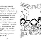 Text: "My tummy starts feeling all knotty again but then I stop and take a breath. I'm glad the cake is huge—it just means there’s enough to go around for everyone. I might even bring some back for Fuzzy! We all sing happy birthday and then Lola closes her eyes and blows out the candles. 'Don’t forget to make a wish,' I say. I wonder what I would wish for if it was my birthday and I give Darlene a little squeeze. 'PSST!' she whispers from my lap. I bend over slightly so I can hear her better." Illustration: Kinder mit Kuchen und "Happy Birthday"-Girlande.
