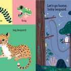 Links: Illustrationen von Tieren und Natur mit Beschriftungen wie "bat", "vine", "frog". Rechts: "Let's go home, baby leopard" und "You're home!" mit einem Leoparden und Waldszene.