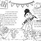 Zwei Textblöcke beschreiben ein Tanzabenteuer eines Kindes im Zimmer mit Spielzeug, einem Zettel und einer umgestoßenen Lampe.