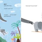 Links: "BIG!" sagte Little One. Rechts: Kleiner Elefant sieht Erde, ein großer Elefant hinter ihm. Bunte Pflanzen im Hintergrund.