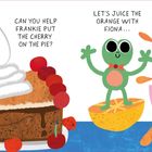 "Can you help Frankie put the cherry on the pie?" Über einer Torte ein grünes Wesen mit Kirschen.