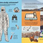 "How do scientists study volcanoes?" beschreibt Ausrüstung wie Helme, Gasmasken, Ferngläser, Drohnen und Satelliten.