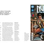 Links oben: „SIMONE EXPANDS THE IDEA OF THE GLOBAL SISTERHOOD...“ Rechts ist ein Comic-Cover von „NUBIA & THE AMAZONS“ zu sehen, mit einer kraftvollen Kriegerin in goldener Rüstung und Schild. Links befinden sich Textabsätze über weibliche Ermächtigung.