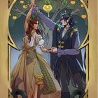 XV, Faerie Fruit. Zwei Figuren tanzen vor einem Baum mit hängenden Früchten, umrahmt von dekorativen Elementen.