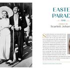 EASTER PARADE 1948, CHOSEN BY Scarlett Johansson. Links: Schwarz-Weiß-Foto von elegant gekleidetem Paar. Rechts: Porträt von Frau.