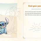 "Find your paradise." Ein blaues Cartoon-Wesen sitzt fröhlich vor gezeichneten Palmen, rechts davon ein stilisierter Sonnenuntergang.