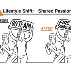 ! Lifestyle Shift: Shared Passions. Illustration mit zwei Personen, vorher „GO TEAM“, nachher „FIRE the SCHOOL BOARD“.