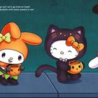 Text: "It's time to go out! Let's go trick-or-treat!"
Drei Figuren in Halloween-Kostümen mit Süßigkeiten-Eimern.