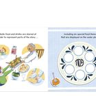 Links oben: "Symbolic food and drinks are shared at the seder". Rechts: Sechs Kreise auf einem dekorierten Seder-Teller.