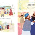 Links: „Salam, everybody“, „Sorry, Baba“; rechts: Begrüßung Baba, Junge denkt über Geschenke nach; bunte, fröhliche Straßenszene.
