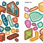 Links oben: „Ski Lodge“, rechts oben: „Camper van“. Illustration mit gemütlichen Szenen und Einrichtungsgegenständen.