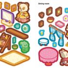 Links "Game room", rechts "Dining room". Illustration mit Tieren, Möbeln und Pflanzen in spielerischem Stil.