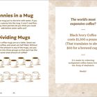 Links oben: "Pennies in a Mug" gefolgt von einer Beschreibung eines Experiments. Darunter: "Dividing Mugs" mit einer Aufgabe. Rechts: Informationen über den teuren Black Ivory Coffee. Unter dem Text ist eine Illustration von Kaffeetassen im unteren linken Bereich.