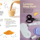 "Golden Milk" und "Lavender Sleep Mask" Anleitungen. Links: Rezeptzutaten und Schritte. Rechts: Bastelutensilien abgebildet.