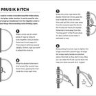 PRUSIK HITCH Anleitung: Ein Prusik-Knoten wird verwendet, um eine bewegliche Schlaufe an einem Seil zu schaffen. Es gibt vier Schritte mit Illustrationen: 1. Seilkreis mit Doppel-Fischerknoten, 2. Knoten dreimal wickeln, 3. Seil festziehen, 4. Schlaufe lässt sich schieben, zieht aber bei Zug fest. Seiten 38 und 39.