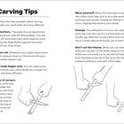 „Carving Tips“: Tipps für sicheres Schnitzen, z. B. Winkel, saubere Schnitte, Bewegung und Klingenverwendung. Illustrationen von Händen beim Schnitzen.