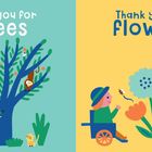 Links: "Thank you for trees", Baum mit Tieren und Kind. Rechts: "Thank you for flowers", Person im Rollstuhl mit Blumen.