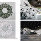 "THREE PERFECTLY PROPORTIONED", Tarnuniformen und weiße Struktur aus Stoffkunst in großem Raum.