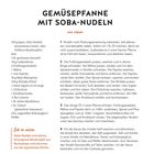 Gemüsepfanne mit Soba-Nudeln. Zutatenliste: Soba-Nudeln, Sesamöl, Cashewkerne, Frühlingszwiebeln, Möhre, Paprika, Spinat, Shiitake.