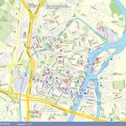 Stadtkarte von Gdańsk mit den Bereichen Rechtstadt und Altstadt, Flüsse, Straßen sowie markierte Sehenswürdigkeiten und Straßen.