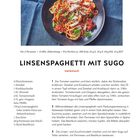 "Linsenspaghetti mit Sugo, italienisch. Zutaten: Fleischtomaten, Zwiebel, Knoblauch, Olivenöl, Tomatenmark, Oregano, Spaghetti."