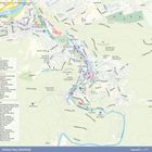 Eine Karte von Karlovy Vary mit markierten Cafés, Restaurants und Hotels. Zentrale Punkte: Dvořák Park, Dianaturm, Kaiserbad.