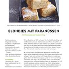 Blondies mit Paranüssen - herrlich nussig und muskatwürzig. Rezept für 16 Stück. Bild: Stücke von Blondies bestäubt mit Puderzucker.