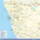 Eine detaillierte Karte von Namibia mit Städten, Nationalparks und wichtigen Straßen. Reisehöhepunkte sind markiert.