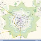 Stadtkarte von Palmanova mit sternförmigen Festungsmauern und Beschriftungen von Straßen und Bastionen.