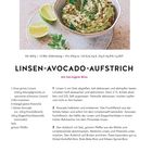 Linsen-Avocado-Aufstrich; Zutaten und Zubereitung; Limetten und Petersilie dekorativ um einen Aufstrich angerichtet.